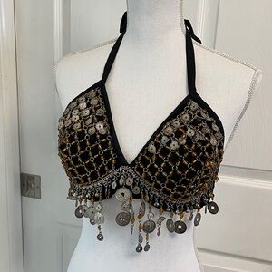 Black and Silver Beaded Halter Top Amber Glads Beads Antique Silver Tone Coins